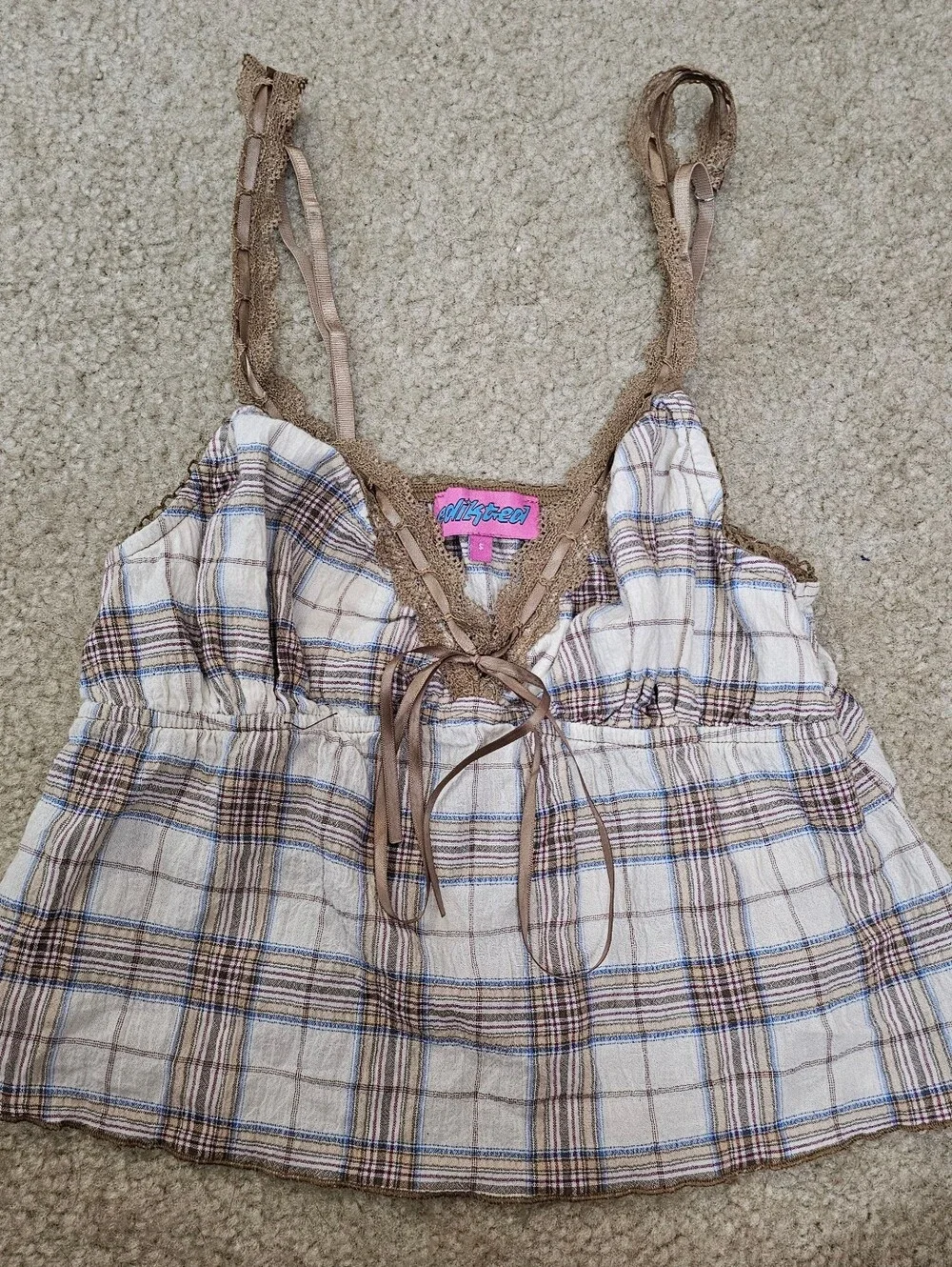 Edikted Plaid Lace Trim Coquette Cami Top Fairycore Ribbon Tie Size S